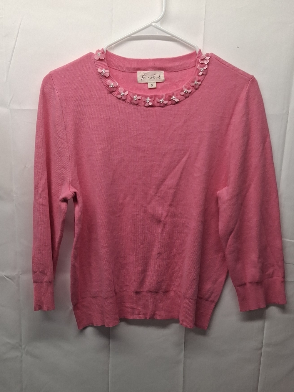 Marled Pink Crewneck Sweater with Floral Trim